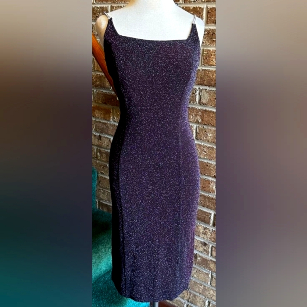 VTG 90s Square Neck Rhinestone Strap Sparkly Black Glitter Bodycon Dress size 8